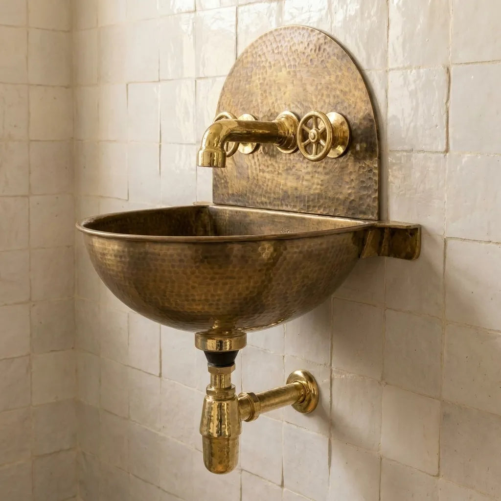 Vintage Brass Wall Hung Sink with Traditional Faucet