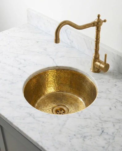 Handmade Hammered Brass Round Sink - Solid Unlacquered Brass Bar BasinHandmade Hammered Brass Bar Sink - Solid Round Prep Basin | Zayian