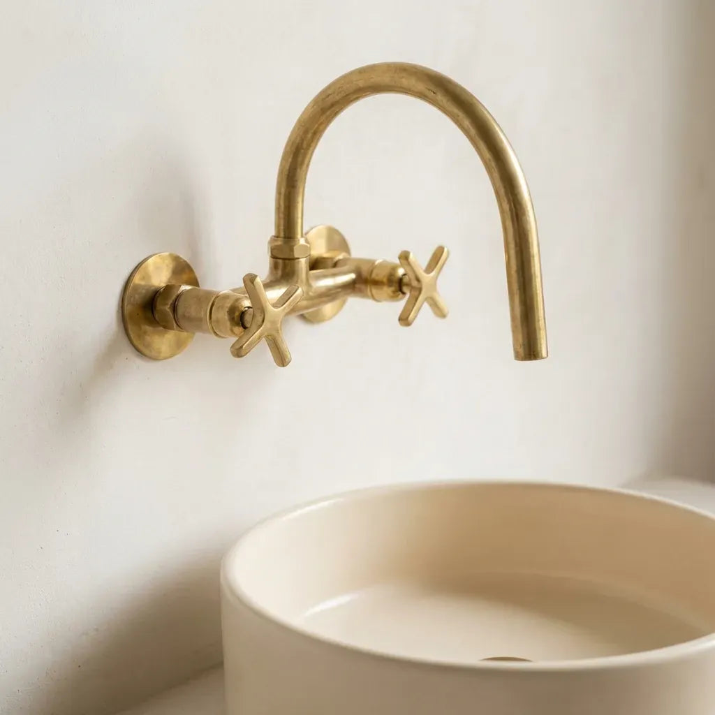 Vintage Unlacquered Brass Gooseneck Wall Faucet | Bathroom