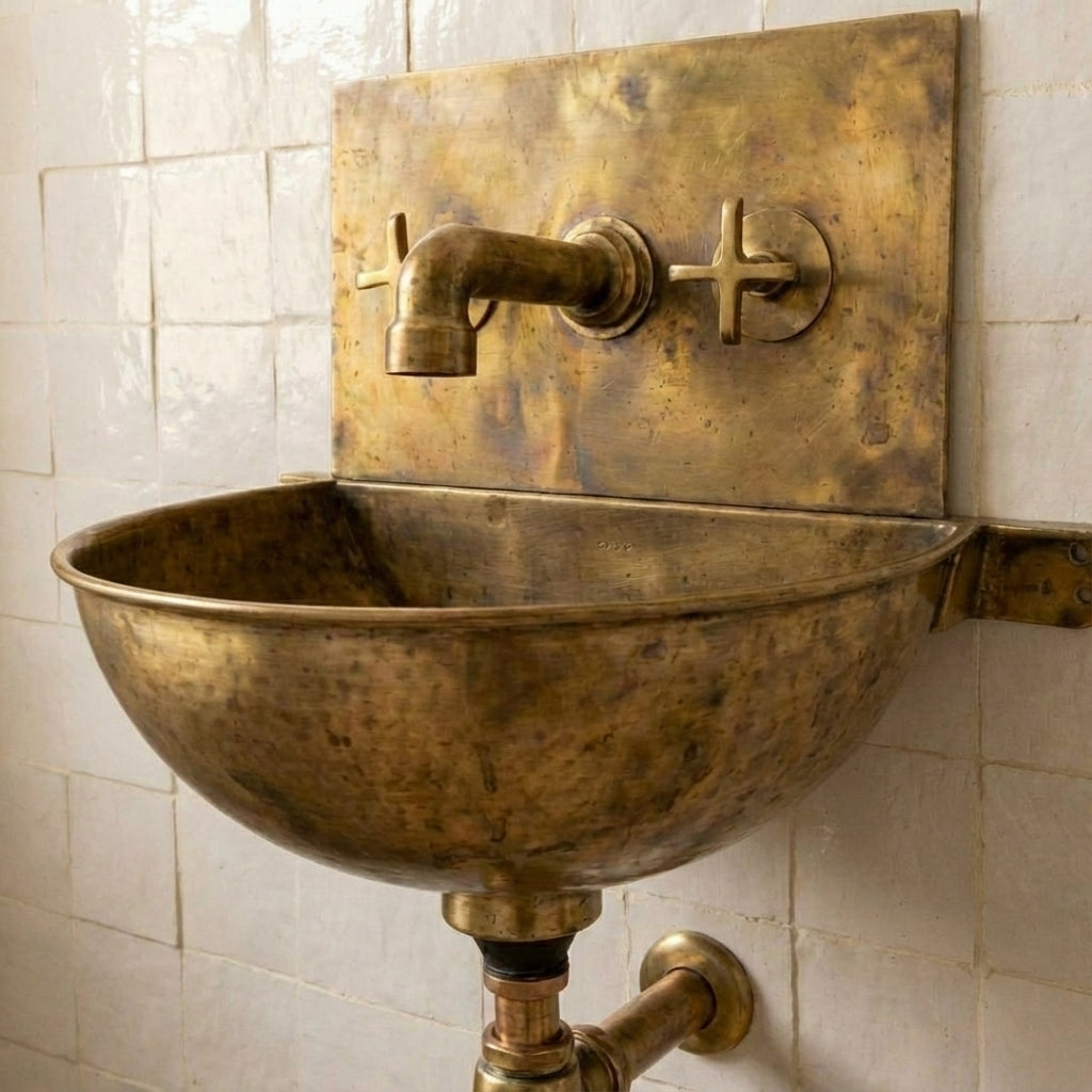 Vintage brass wall mounted sink with unlacquered brass faucet