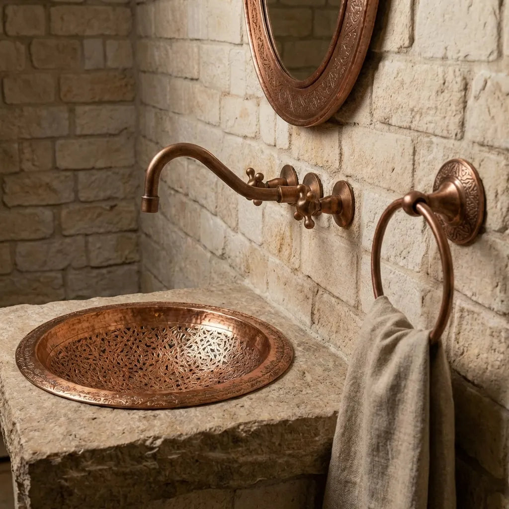 Vintage copper sink basin with wall-mount faucet in rustic stone bathroom