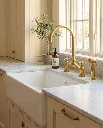 Victorian Unlacquered Brass Bridge Faucet With Side SprayerVictorian Unlacquered Brass Bridge Faucet with Side Sprayer