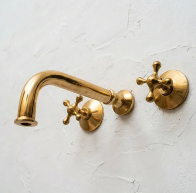 Unlacquered Brass Wall Mounted Bathroom Faucet with Cross HandlesUnlacquered Brass Wall Mounted Bathroom Faucet | 5 Years Warranty