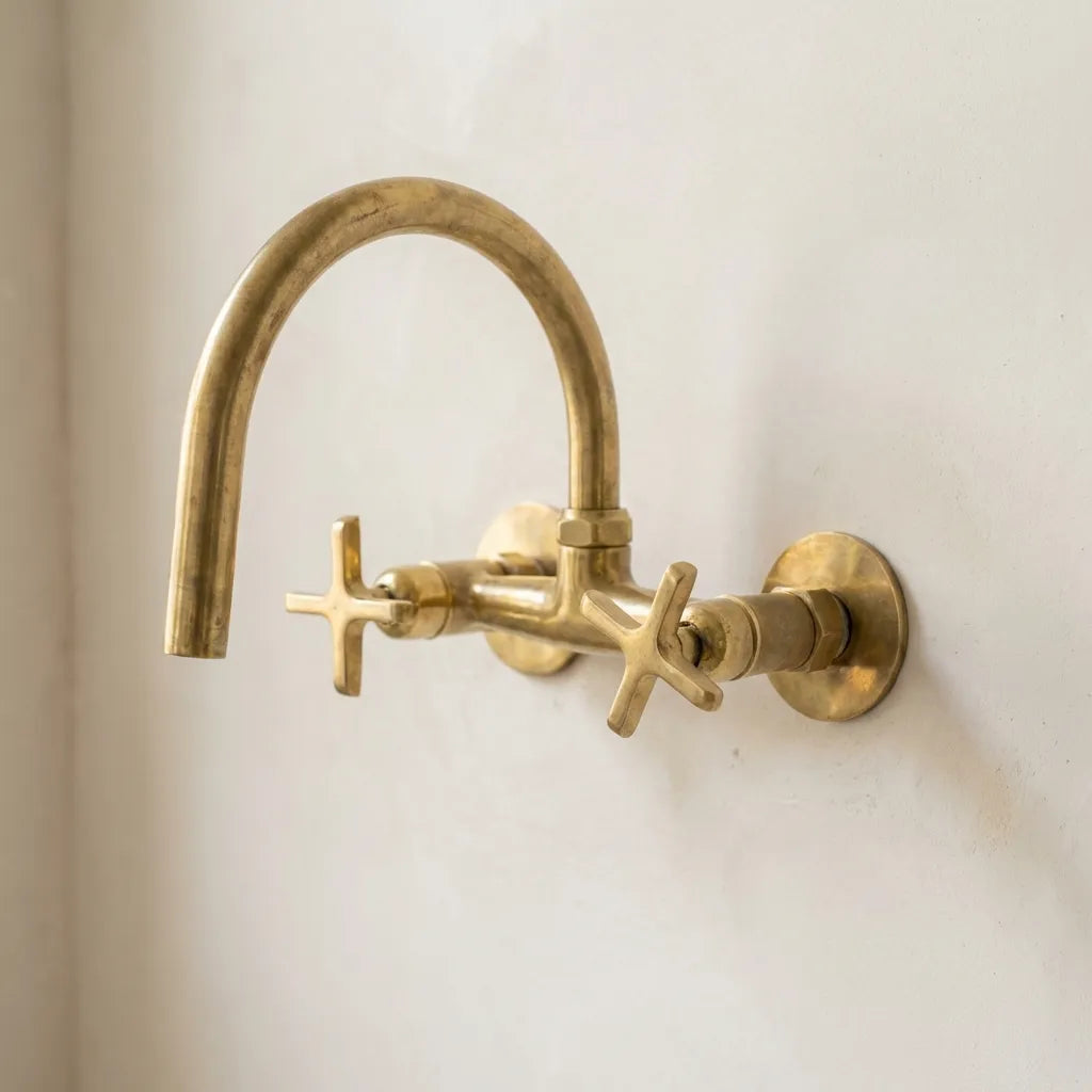 Wall-Mount Unlacquered Brass Faucet with Cross Handles
