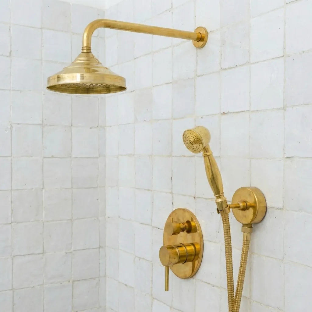 Wall mounted brass rain shower system with handheld sprayer and mixer control
