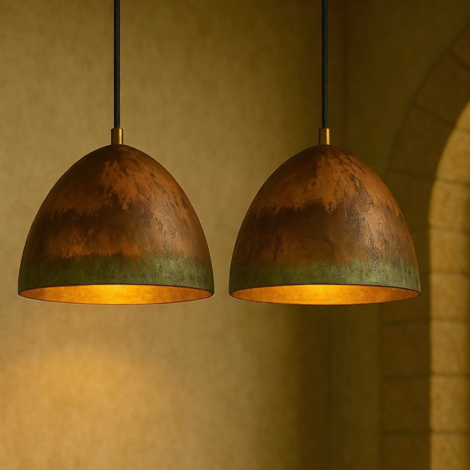 Set of 2 Oxidized Copper Dome Pendant Lights – Handmade Rustic Kitchen Island Fixtures - Zayian