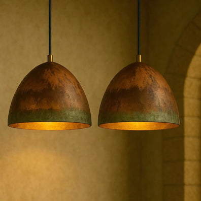 Set of 2 Oxidized Copper Dome Pendant Lights - Handmade Rustic Kitchen Island FixturesSet of 2 Oxidized Copper Dome Pendant Lights | Handmade Rustic Fixtures