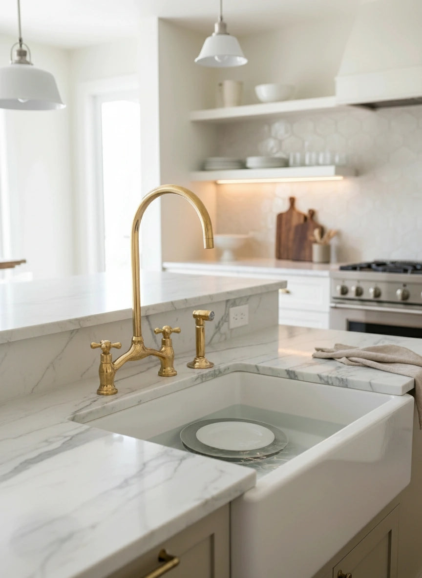 Modern kitchen with gold faucet and marble countertop