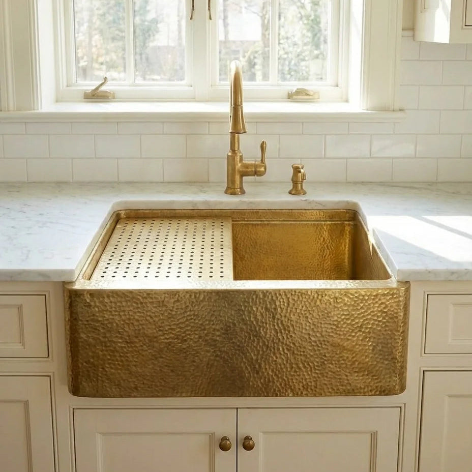 Hammered Brass Farmhouse Apron-Front Sink with Drain Grid