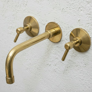 Unlacquered Brass Bathroom Sink Faucet, Handcrafted Brass Wall Mounted Faucet - Zayian