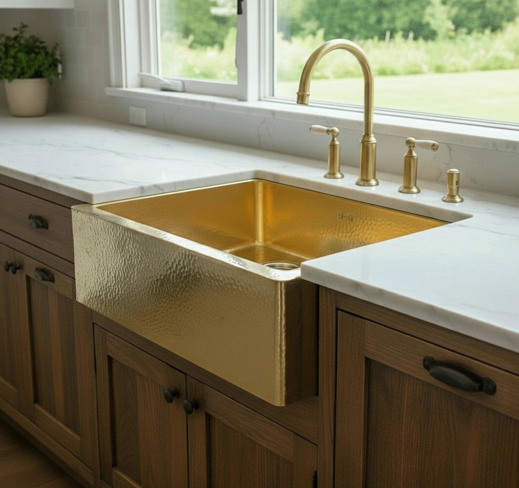 Hammered Brass Farmhouse Sink – Apron Brass Front Basin with Towel Bar - Zayian
