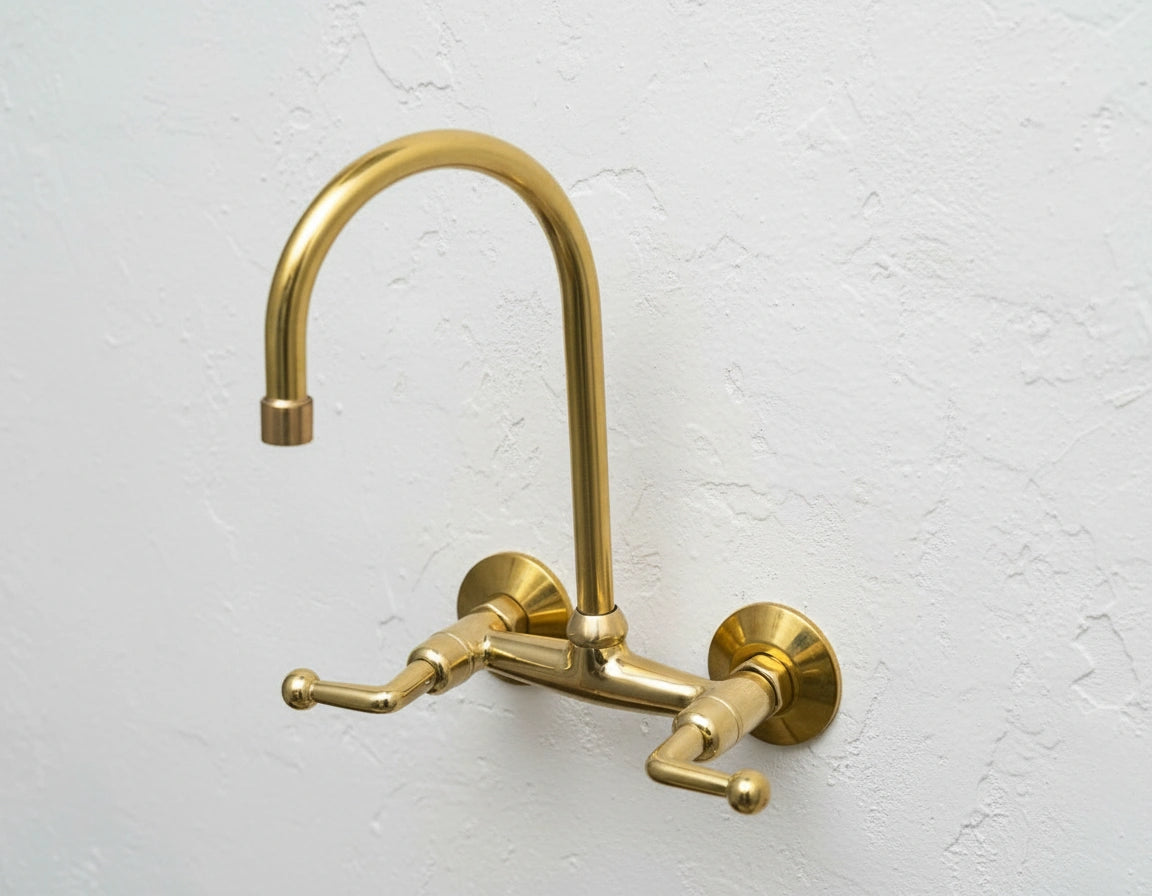 Unlacquered Brass Wall Mount Kitchen Faucet – Gooseneck Spout & Lever Handles