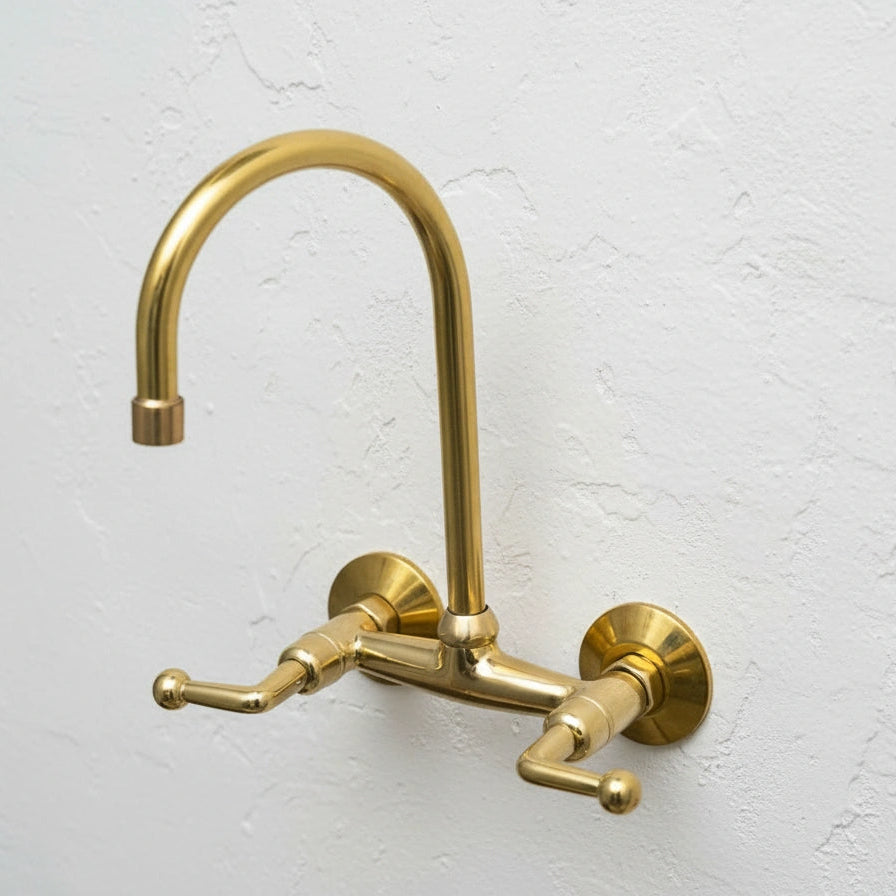 Unlacquered Brass Wall Mount Kitchen Faucet – Gooseneck Spout & Lever Handles