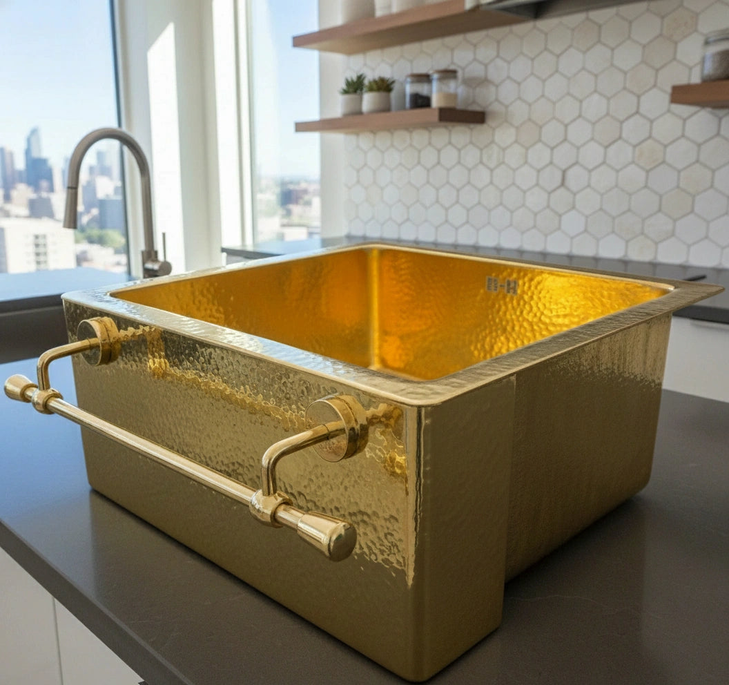Hammered Brass Farmhouse Sink – Apron Brass Front Basin with Towel Bar - Zayian