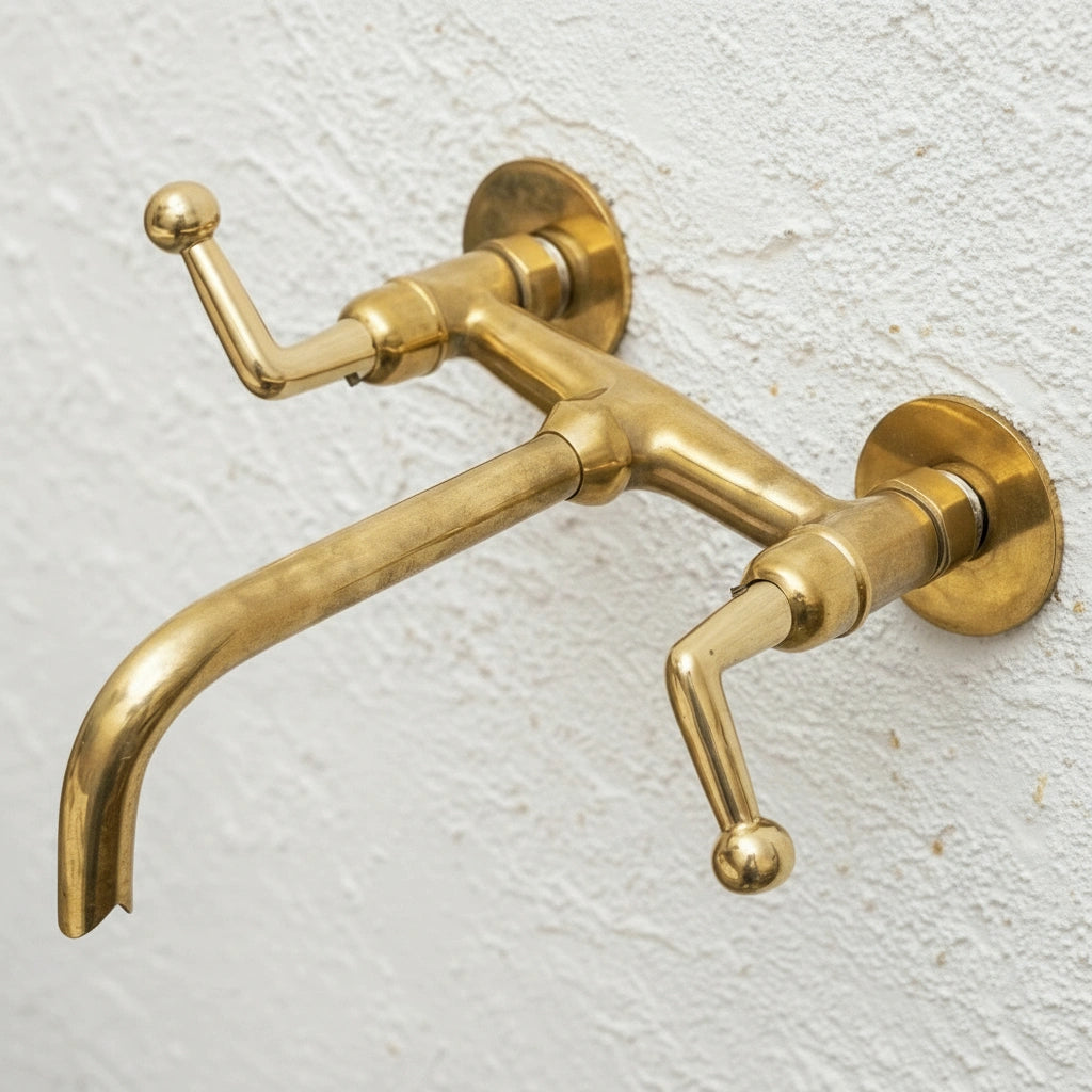 Brass wall-mounted faucet on a textured white background