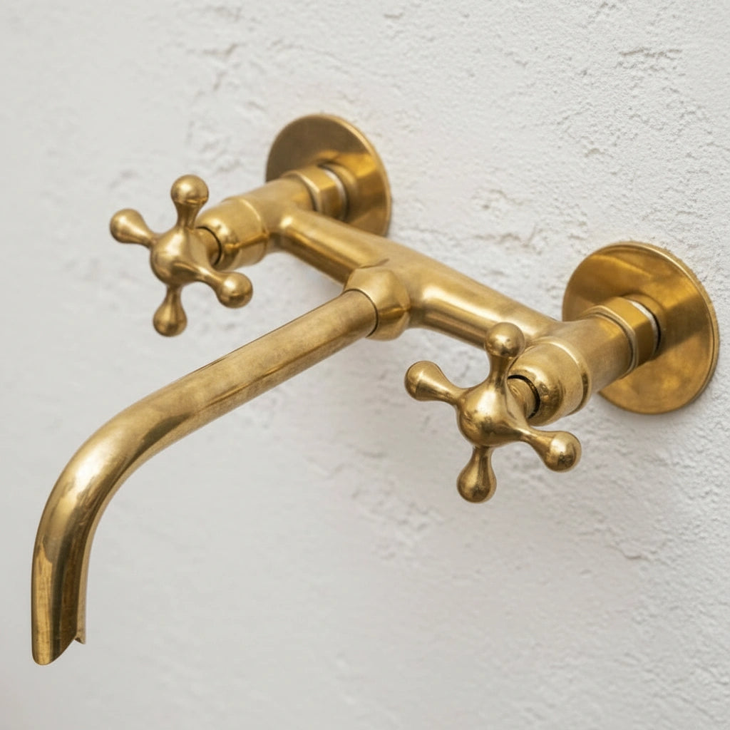 Unlacquered Brass Bathroom Sink Faucet, Wall Mounted Bathroom Faucet With Cross Handles