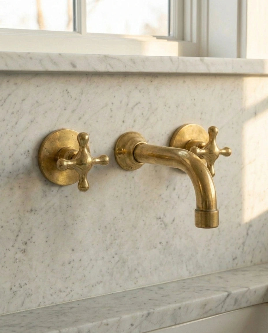 Three hole wall mounted unlacquered brass faucet zayian