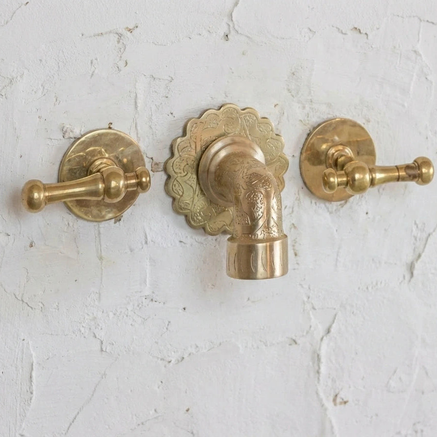 Engraved Unlacquered Brass Wall Faucet – Artisanal Vintage 3-Hole Bathroom Fixture