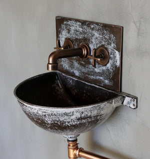 Aged Copper Wall Sink – White Patina Half Bowl Bathroom Basin with Faucet - Zayian