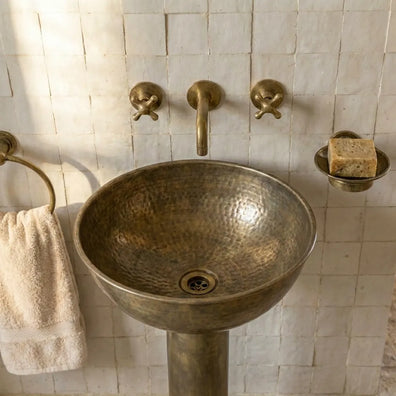 Vintage Hammered Patina Brass Pedestal SinkVintage Hammered Patina Brass Pedestal Sink