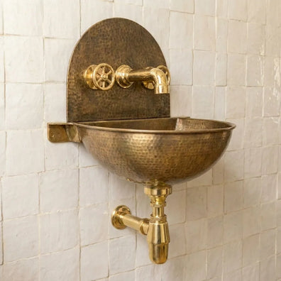 Rustic Brass Wall Hung Sink with Traditional Faucet SetRustic Brass Wall Hung Sink with Traditional Faucet 