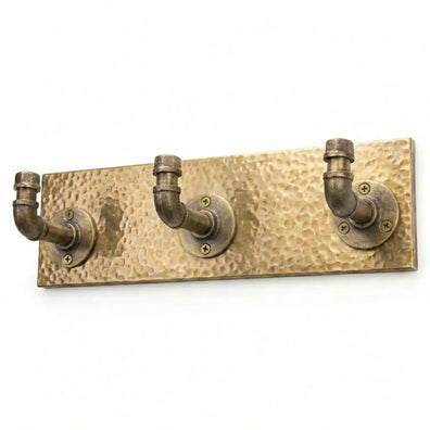 Antique Brass Pipe Coat & Towel Hooks on Hammered BackplateAntique Brass Pipe Coat & Towel Hooks on Hammered Backplate