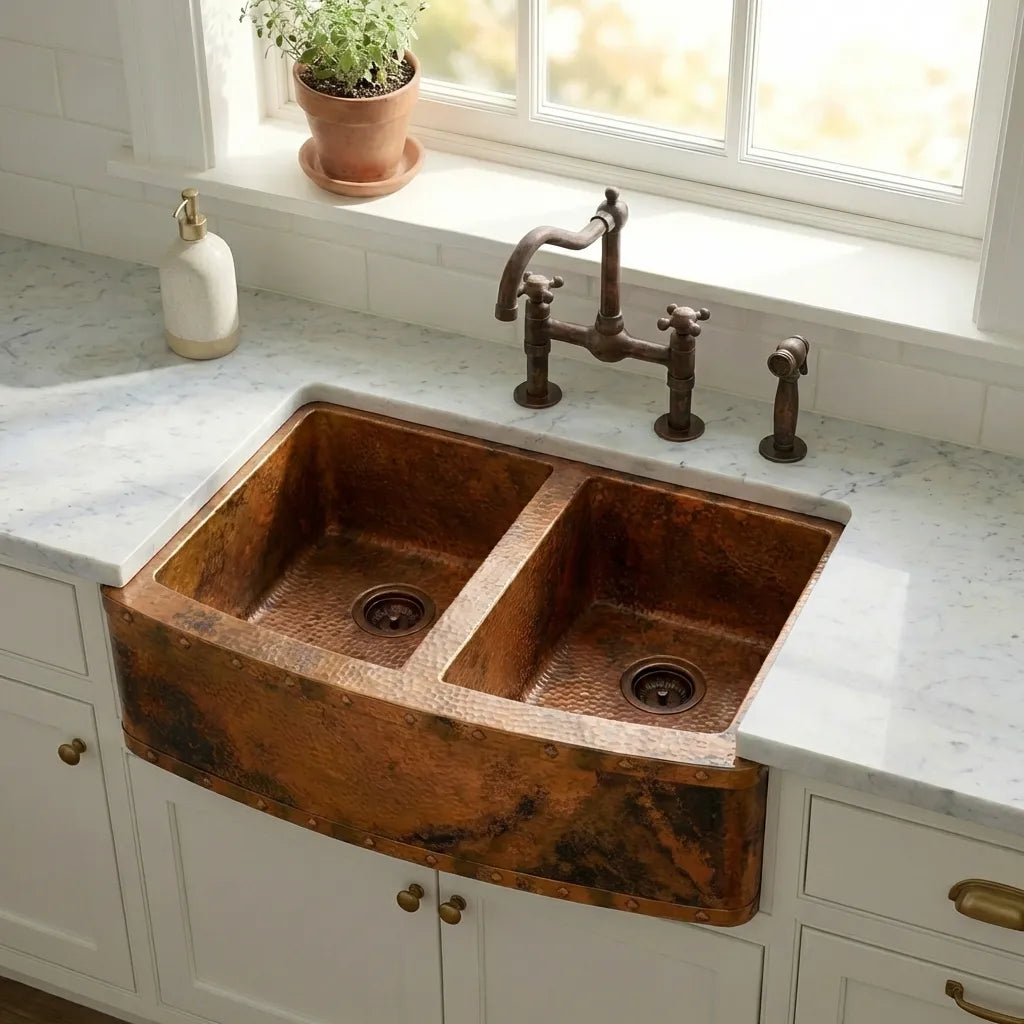 Rounded Copper Farmhouse Double Apron Kitchen Sink - Livra