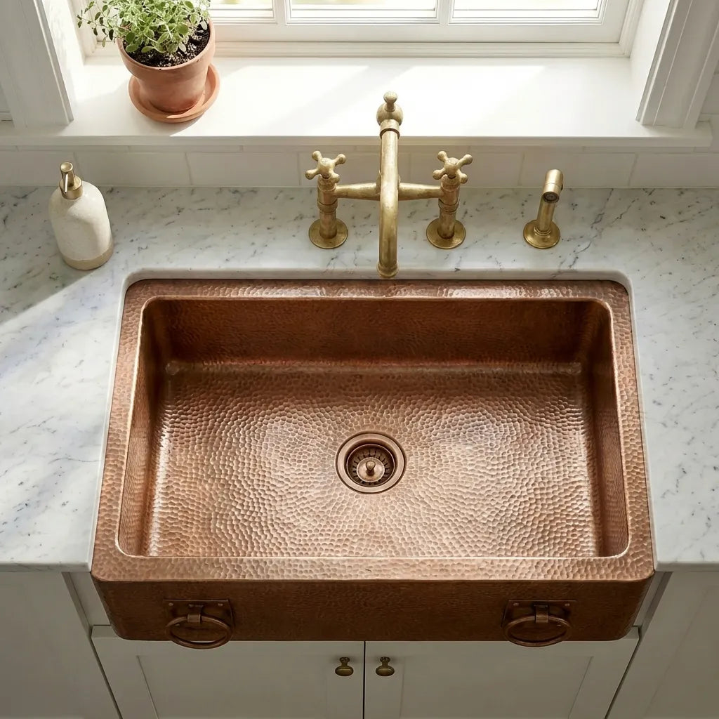 Hammered Copper Single-Bowl Farmhouse Sink with Rings - Ryla