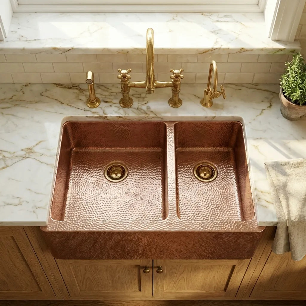 Double-Bowl Hammered Copper farmhouse sink - Small Bowl Right -Solara