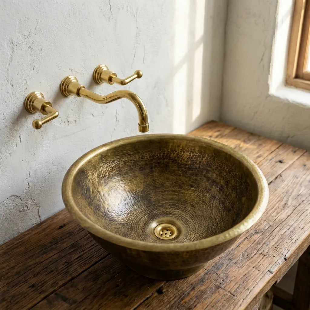 Antique Hammered Brass Vessel Sink Top Mount Bathroom Vanity