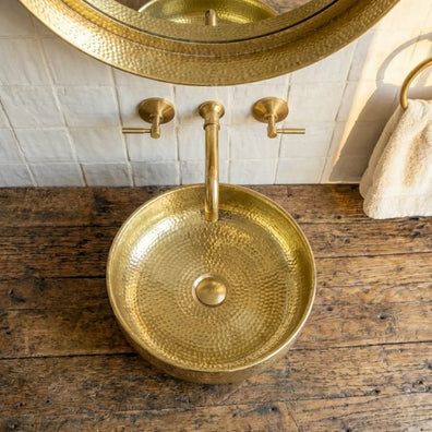 Hand-Hammered Unlacquered Brass Vessel Sink - Round Artisan Bathroom BasinHand-Hammered Unlacquered Brass Vessel Sink | Artisan Bathroom Basin