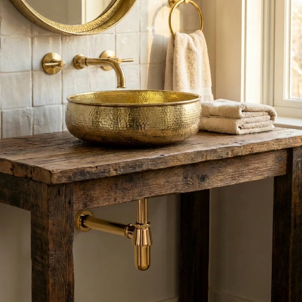 Hand-Hammered Unlacquered Brass Vessel Sink – Round Artisan Bathroom Basin