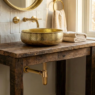 Hand-Hammered Unlacquered Brass Vessel Sink - Round Artisan Bathroom BasinHand-Hammered Unlacquered Brass Vessel Sink | Artisan Bathroom Basin