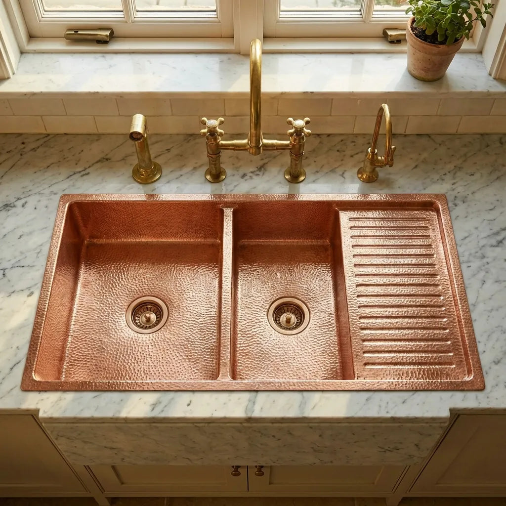 Drop-In Double Bowl Copper Kitchen Sink With Wringer-Vexa