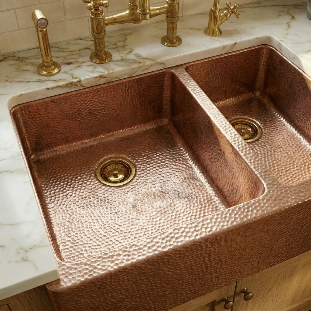 Double-Bowl Hammered Copper farmhouse sink - Small Bowl Right -Solara
