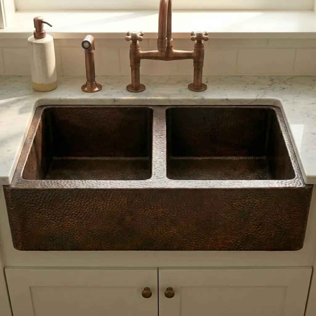 Hammered Copper Double Bowl Farmhouse Sink - Nocturn