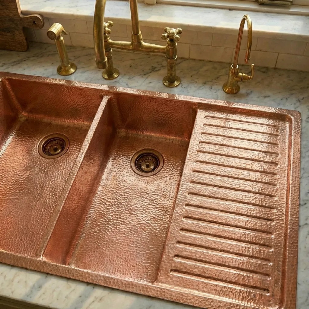 Drop-In Double Bowl Copper Kitchen Sink With Wringer-Vexa