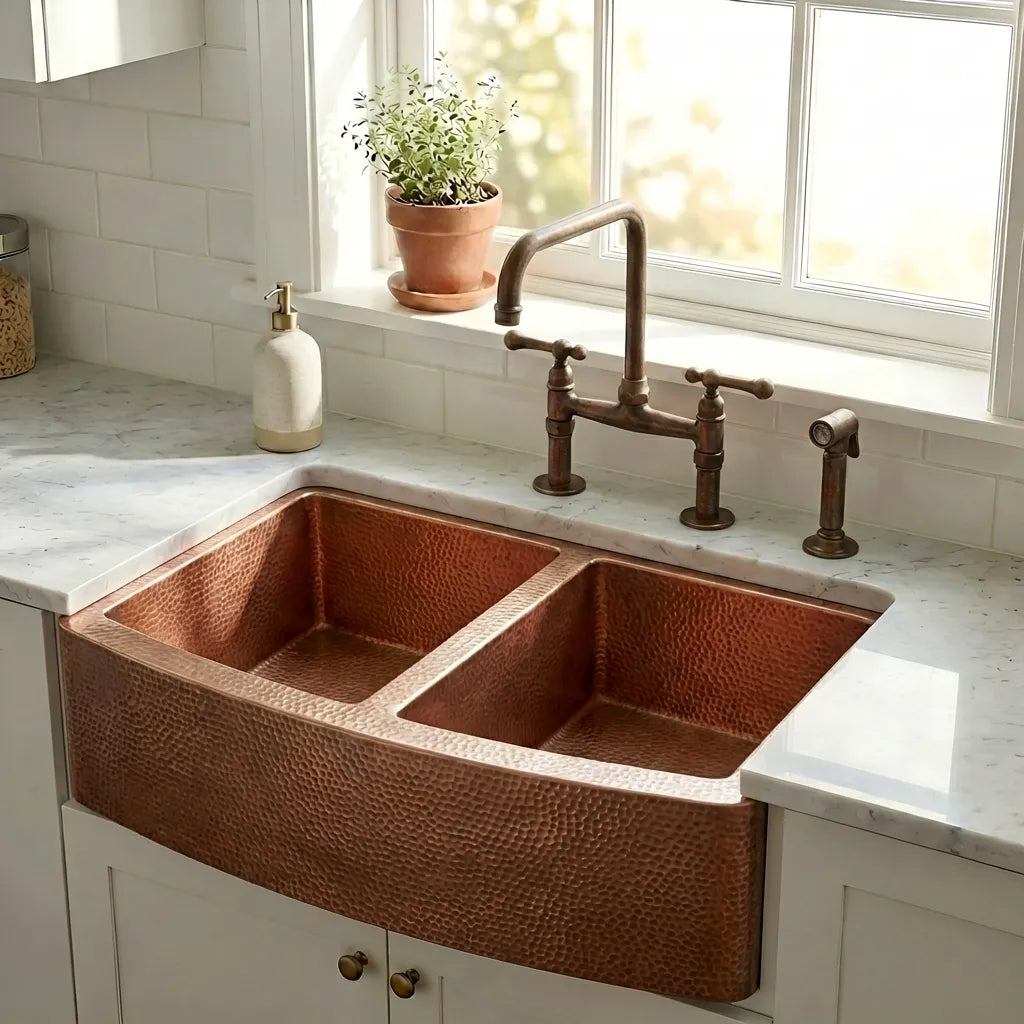 Copper Double Basin Farmhouse Sink-Sable