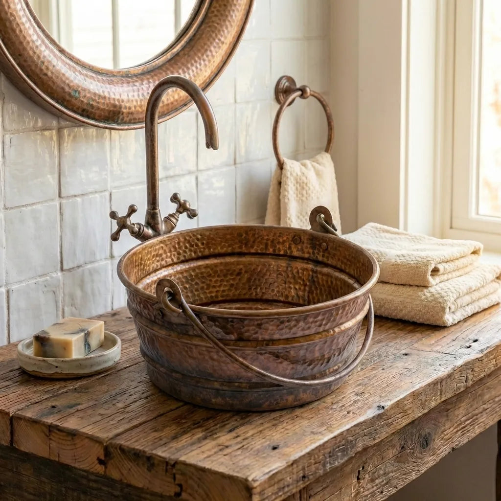 Handmade Hammered Copper Bucket Sink – Rustic Round Vessel Basin 