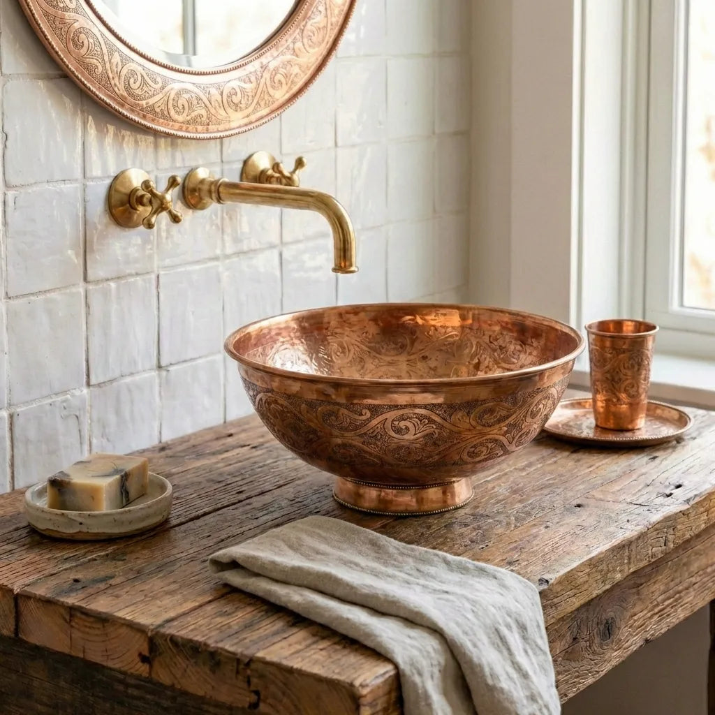 Engraved Copper Vessel Sink – Handmade Round Bathroom Vanity Basin