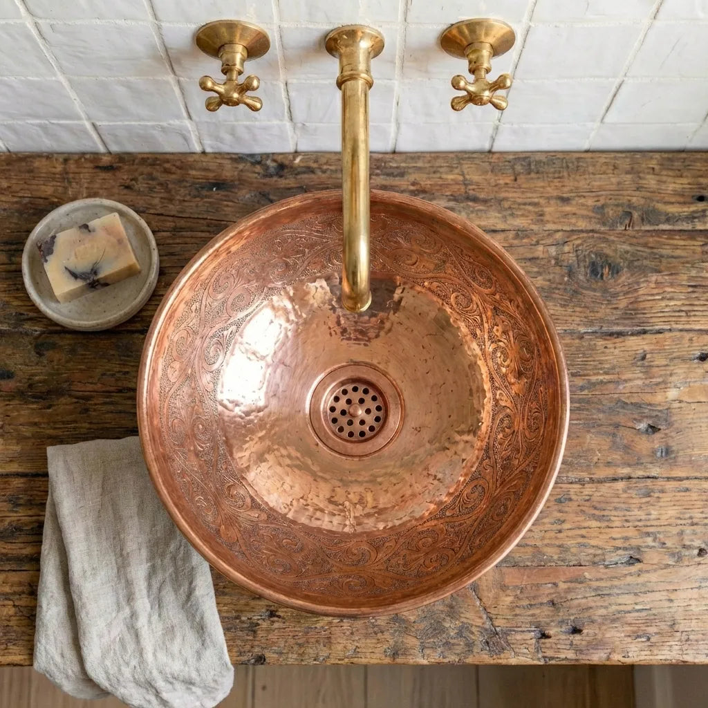 Engraved Copper Vessel Sink – Handmade Round Bathroom Vanity Basin