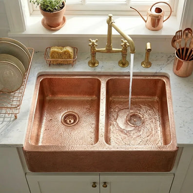Double Bowl Copper Kitchen Sink Front Apron-JettJett Double Bowl Copper Kitchen Sink with Front Apron 