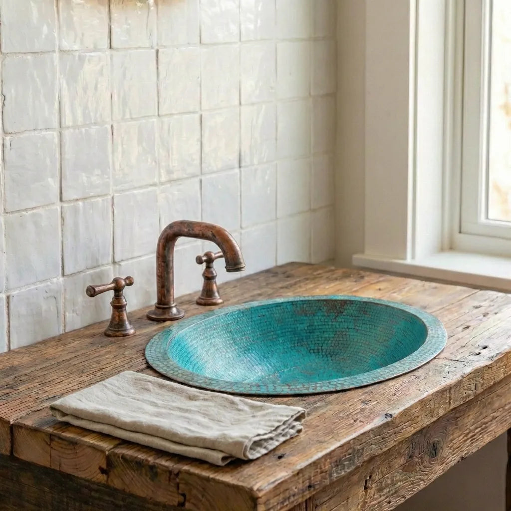 Turquoise Hammered Copper Sink – Oval Drop-In Bathroom Vanity Basin