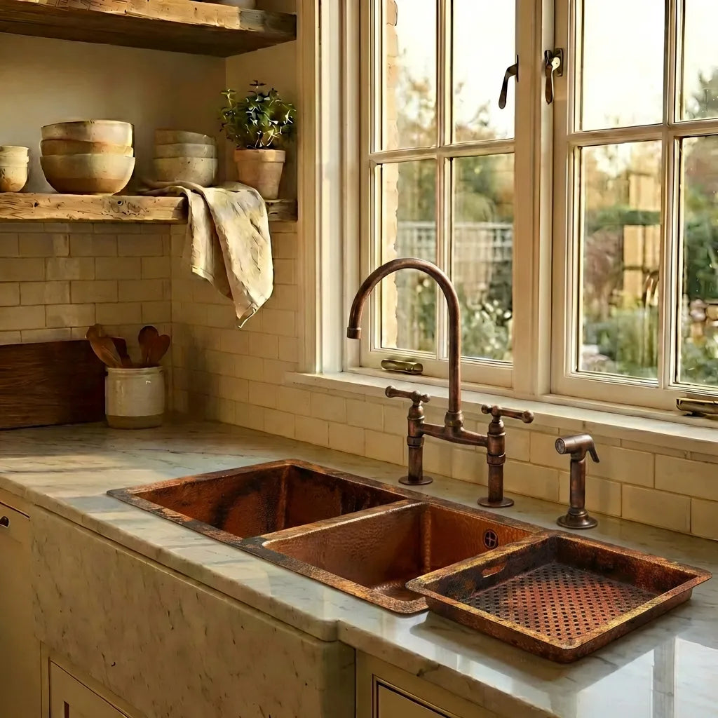 Hammered Double Bowl Copper Undermount Kitchen Sink - Zeta