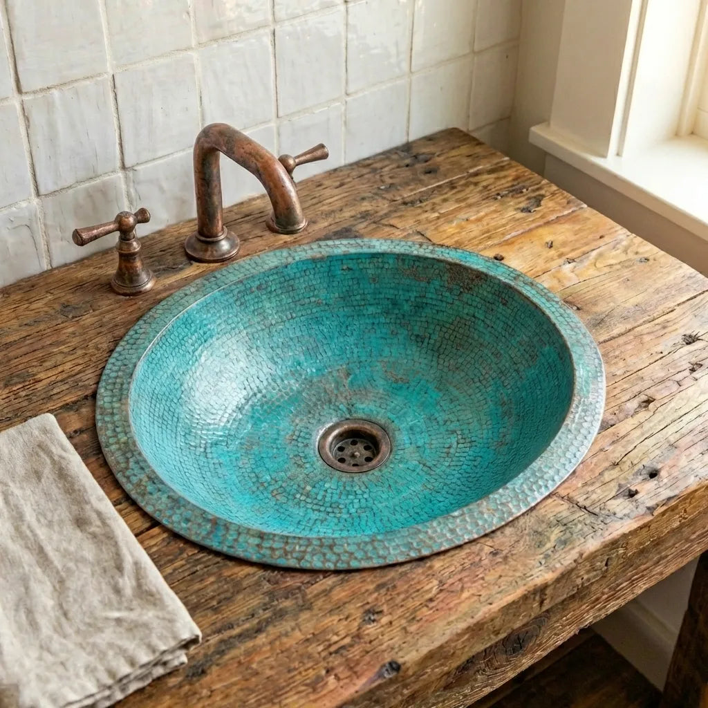 Turquoise Hammered Copper Sink – Oval Drop-In Bathroom Vanity Basin