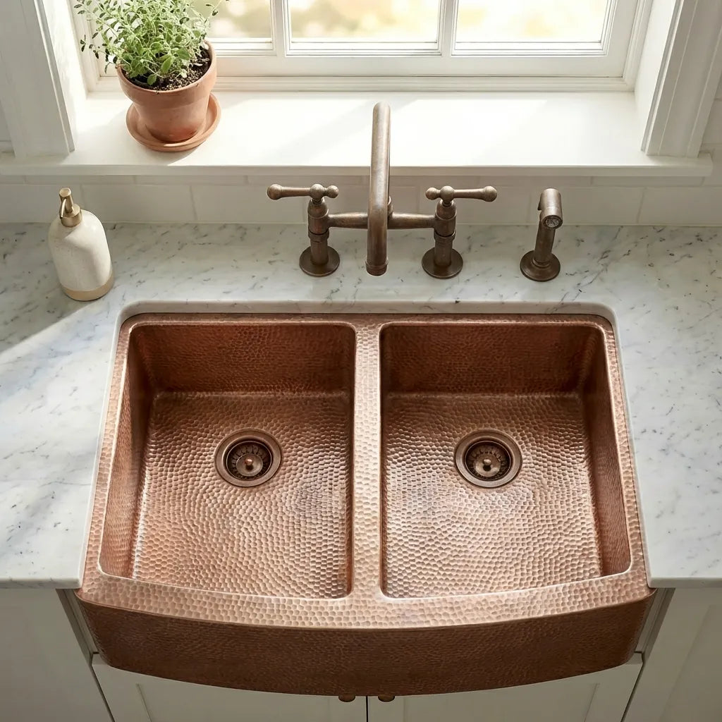Copper Double Basin Farmhouse Sink-Sable