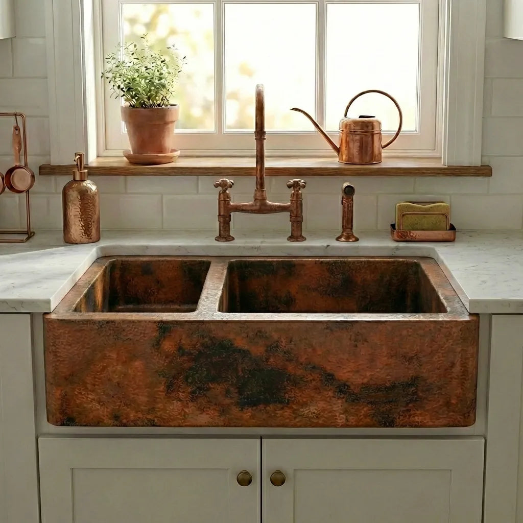Double-Bowl Copper Farmhouse Kitchen Sink - Faye