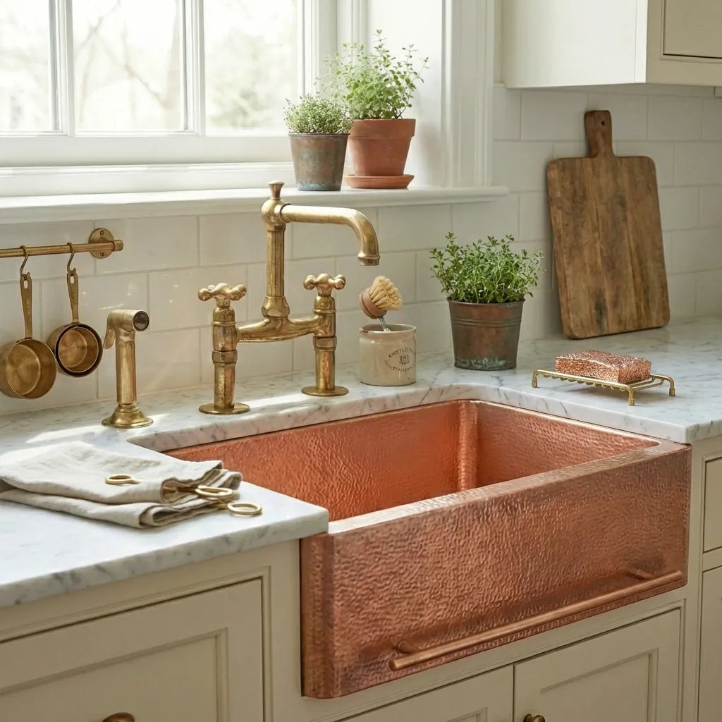Copper Sink Hammered Front Apron With Towel Bar-Bryn