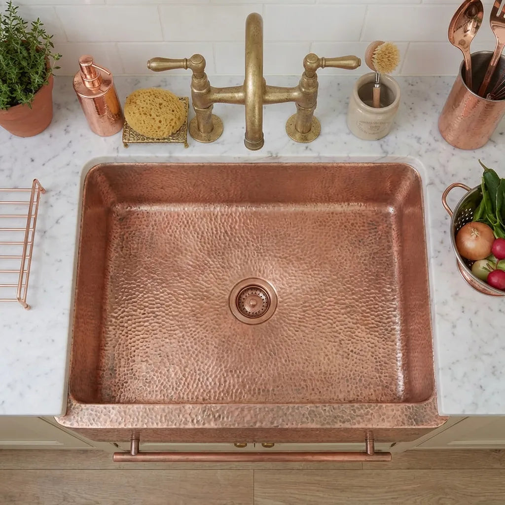 Copper Sink Hammered Front Apron With Towel Bar-Bryn