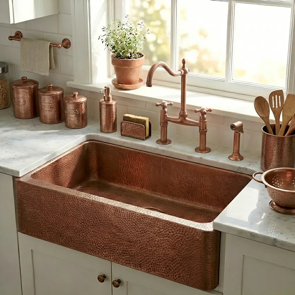 Hammered Copper Single Bowl Farmhouse Kitchen Sink-Deluxe